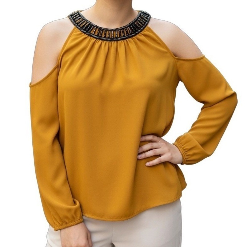 Mustard Yellow Beaded Embellished Blouse Womens‎ 2XL Plus Size Dressy Top